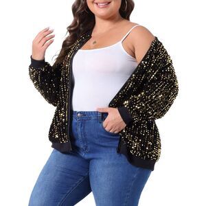 Plus Size Sparkle Long Sleeve Front Zip Bomber Jacket with Pockets Gold